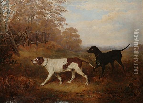 Two Pointers In A Landscape Oil Painting - Joseph Dunn Of Worcester