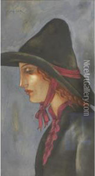 Woman With Pink Ribbons Oil Painting - Eugene Zak