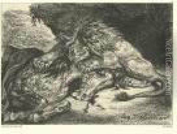 Lion Devorant Un Cheval. Oil Painting - Eugene Delacroix