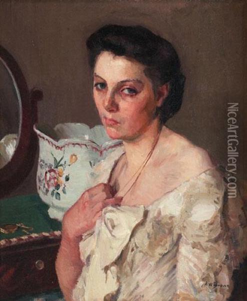 Woman At Her Dressing Table Oil Painting - Anna Wood Brown