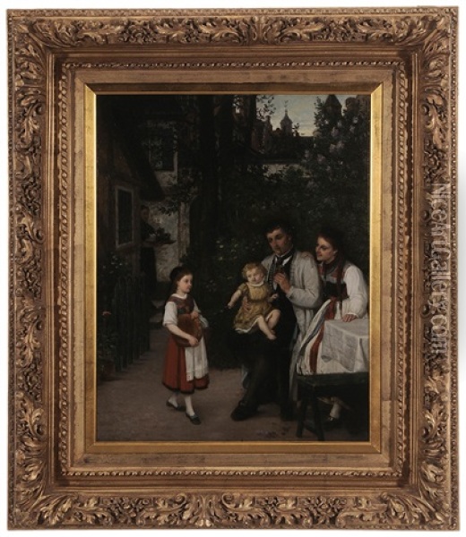 A Family Awaiting Tea In A Courtyard Oil Painting - Julius Wagner