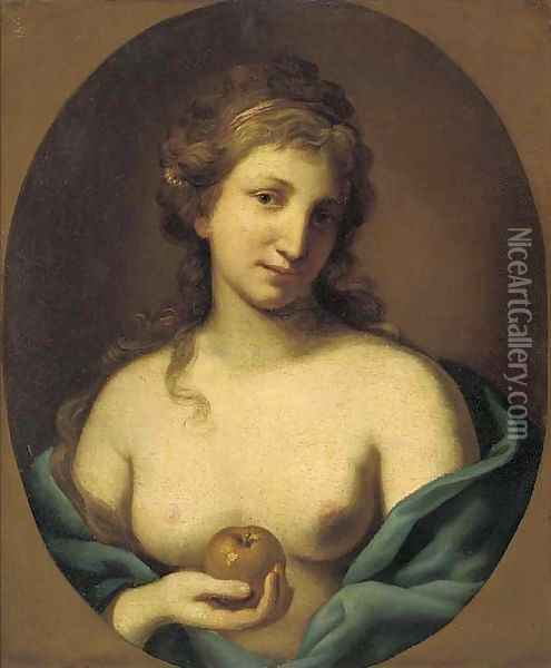 Portrait of a lady, bust-length, holding an apple and wearing a loose shawl Oil Painting - Angelica Kauffmann