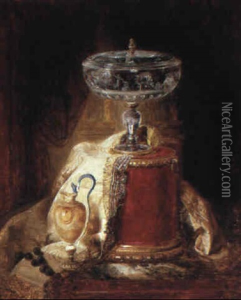 Still Life With Silver Artefacts Oil Painting - Blaise Alexandre Desgoffe