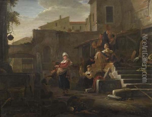 Italian Village In The Evening With Figures. Oil Painting - Thomas Wyck