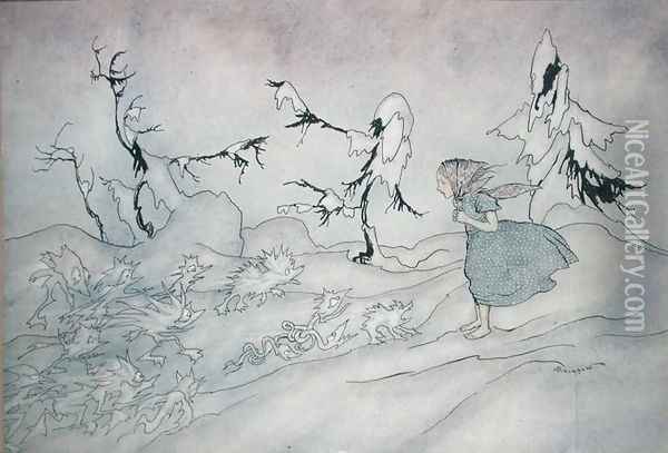 Gerda is terrified by the Snow Queens advance guard, but she said Our Father and is rescued by little bright angels, illustration from The Snow Queen by Hans Christian Andersen, published 1932 Oil Painting - Arthur Rackham
