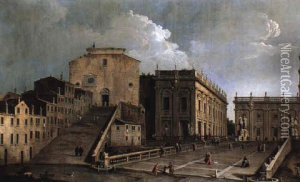 Piazza Del Campidoglio, Santa Maria D'aracoele, And The Cordonata, Rome Oil Painting - Bernardo Bellotto