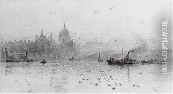 Barges on the Thames before St. Paul's Cathedral 2 Oil Painting - William Lionel Wyllie