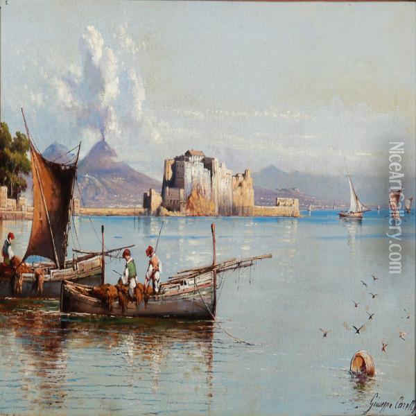 Fishermen In The Gulf Of Naples With Castel Dell'ovo In The Background Oil Painting - Giuseppe Carelli