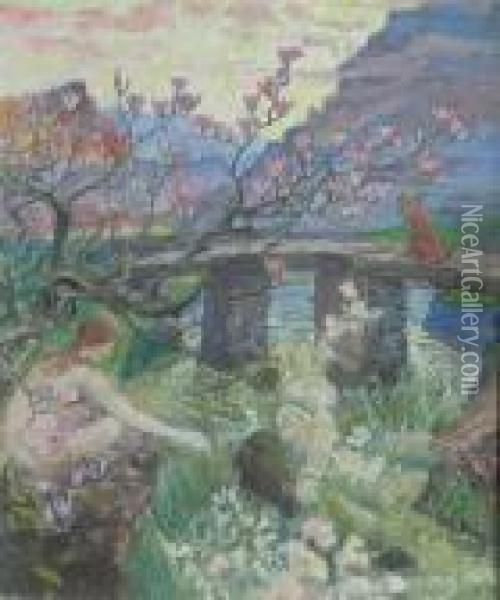 Study For The Clapper Bridge, Devon Oil Painting - Robert James Enraght Moony