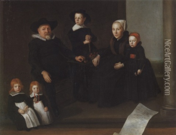 Portrait Of A Gentleman And His Wife, And Their Four Children On A Terrace Oil Painting - Gerbrandt Ban