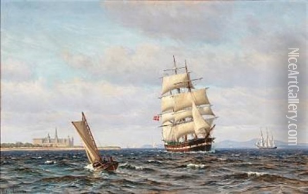 Summer Day With Sailing Ship Off The Coast Of Kronborg Oil Painting - Vilhelm Karl Ferdinand Arnesen