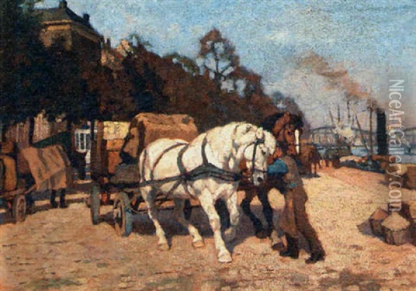 Horses On The Docks Oil Painting - Gijsbertus Johannes Van Overbeek