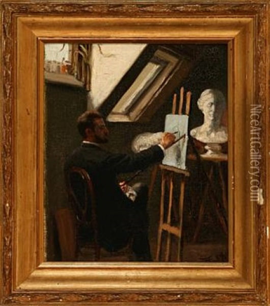 An Artist In His Studio, Presumably A Self-portrait Oil Painting - Eiler Rasmussen Eilersen