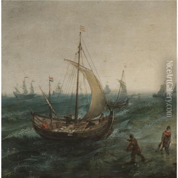 Fishermen And Their Boats In Stormy Seas Oil Painting - Hendrik Cornelisz Vroom