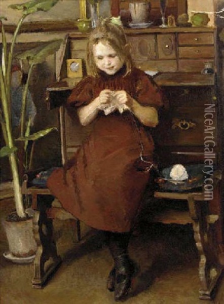 Lille Pige, Der Strikker Oil Painting - Viggo Johansen