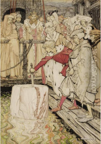 Arthur Pulling Excalibur From The Stone Oil Painting - Arthur Rackham