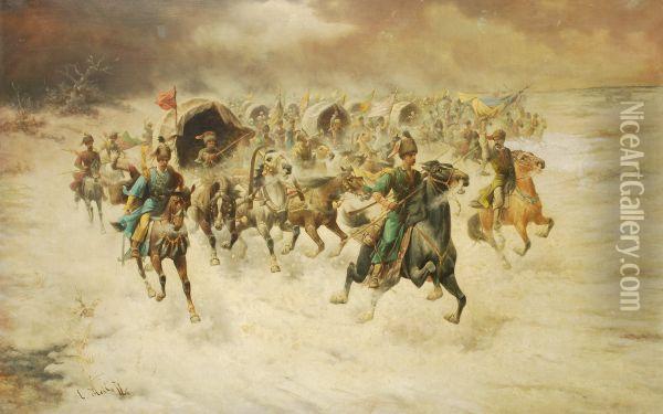 Cossacks In A Winter Landscape Oil Painting - Adolf Baumgartner
