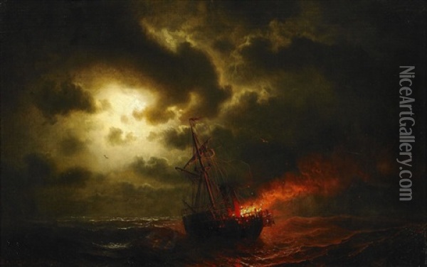 Brinnande Fartyg Pa Stormigt Hav Oil Painting - Marcus Larsson