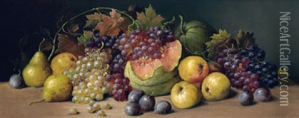 Still Life With Watermelon, Grapes, Pears And Plums Oil Painting - Joseph Decker