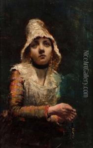 Study Of A Young Girl Holding A Crucifix Oil Painting - Oscar Wilson