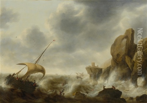 Marine With A Ship In A Storm Near The Coast Oil Painting - Jacob Adriaenz. Bellevois