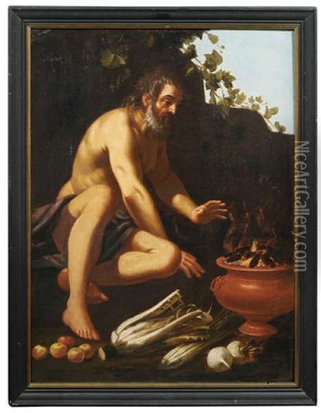 Ein Eremit Warmt Sich Am Feuer Oil Painting - Tommaso Salini