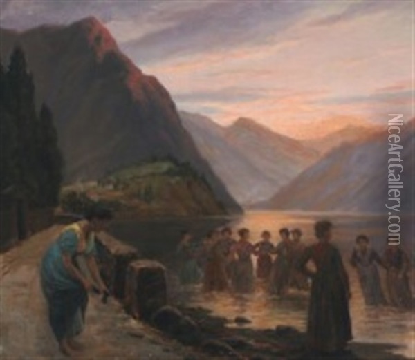 Italian Lakeside With Dancing Women At Eventide Oil Painting - Wenzel Ulrik Tornoe