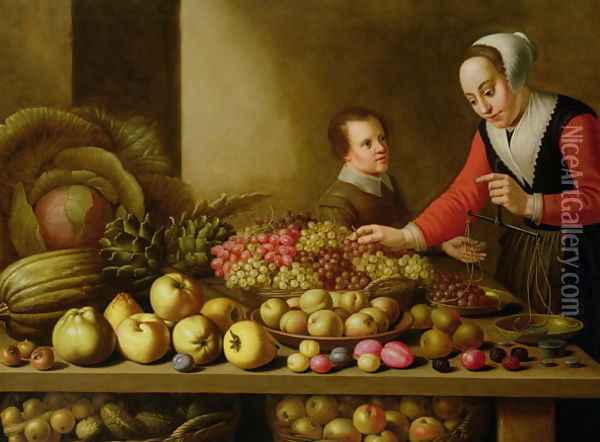 Girl selling grapes from a large table laden with fruit and vegetables Oil Painting - Floris Gerritsz. van Schooten