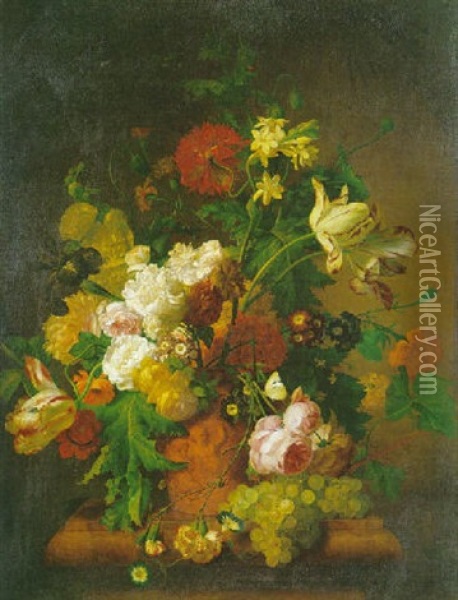 Nature Morte Au Bouquet De Fleurs Dans Un Vase Sculpte Sur Un Entablement De Marbre Oil Painting - Jan Frans Van Dael