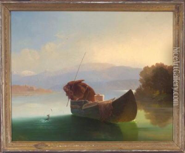Die Gerissene Angelsehne - Monch Im Ruderboot Auf Einem See Im Vorgebirge Oil Painting - Pancraz Korle