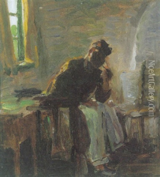 Interior Med Siddende Mand Oil Painting - Julius Paulsen