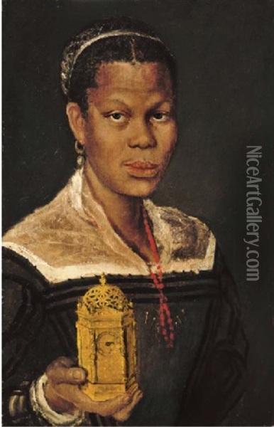 Portrait Of A Black Lady, Bust-length, Wearing A Coral Necklace And Holding An Ormolu Table Clock In Her Right Hand Oil Painting - Annibale Carracci