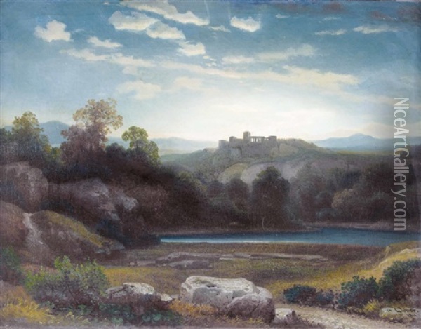 Sonnenuntergang Uber Landschaft Mit Burgruine Oil Painting - August Weber