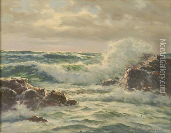 Waves On A Rocky Coast Oil Painting - Laszlo De Nagy