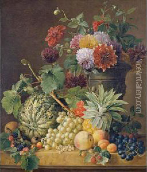 A Bouquet Of Flowers In An Urn And A Melon, A Pineapple, Grapes, Apricots, Peaches And Other Fruit All Resting On A Marble Ledge Oil Painting - Anton Weiss