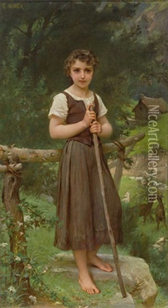 Reizendes Junges Madchen Als Ziegenhirtin Vor Landschaftshintergrund Oil Painting - Emile Munier