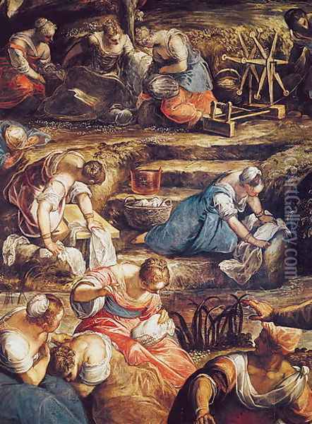 The Miraculous Fall of Manna, detail of women workin Oil Painting - Jacopo Tintoretto (Robusti)
