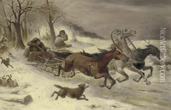 Running From The Wolves Oil Painting - Adolf Baumgartner