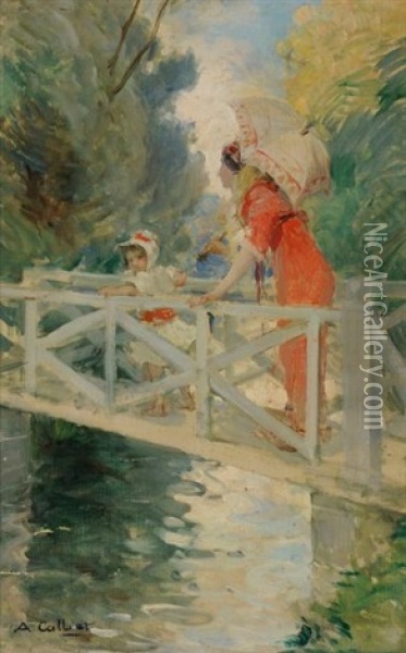 Mere Et Enfant Sur Un Pont Oil Painting - Antoine Calbet