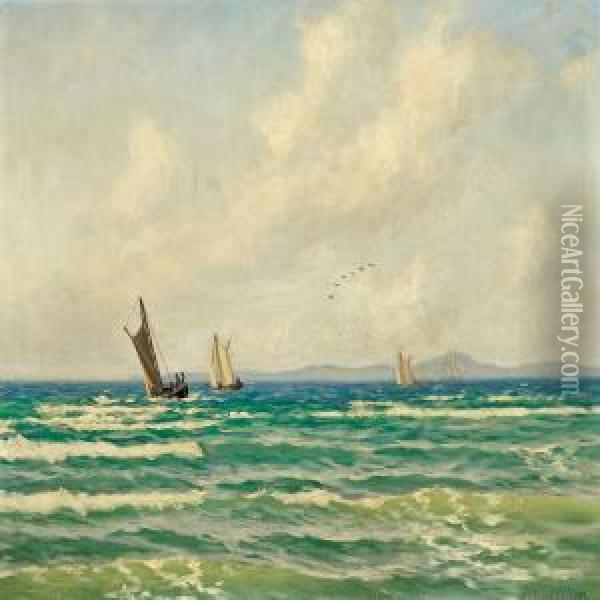 Marine With Sailing Boat Bycoast Oil Painting - Alfred Theodor Olsen