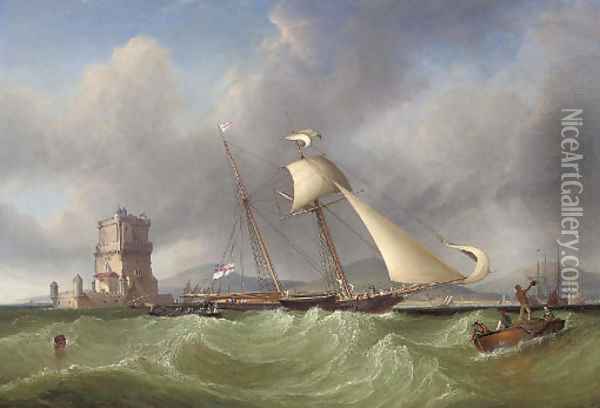Lord Belfast's yacht Emily hove-to for her owner to come aboard, off the Belem Tower, at the mouth of the Tagus, Lisbon Oil Painting - John Christian Schetky