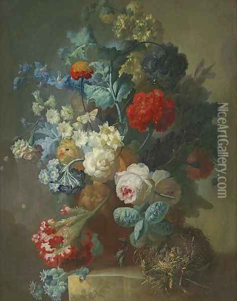 Roses, cineria, cockscombe, auricula, hops, hollyhocks, narcissi, helichrysum, geum and a carnation in a sculpted vase with chicks in a nest Oil Painting - Jan van Os