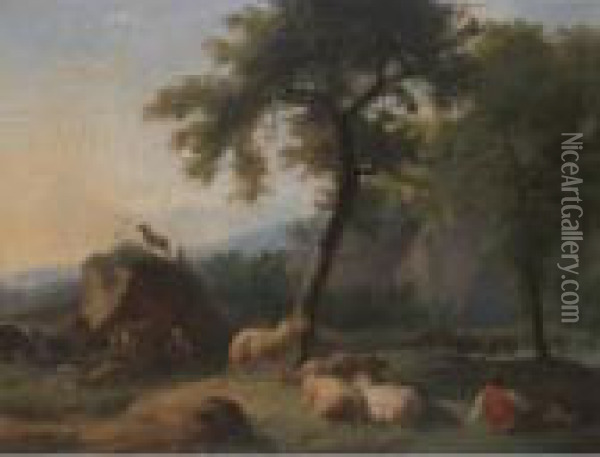 A Pastoral Landscape With A 
Shepherd Resting With His Flock, And A Herder Watering His Cattle In A 
River Beyond Oil Painting - Christian Wilhelm Ernst Dietrich