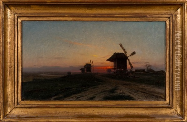 Sunset Over The Old Windmills Oil Painting - Iosif Evstafevich Krachkovsky