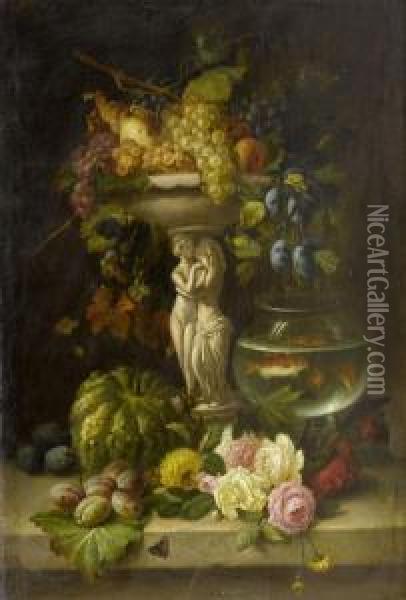 A Large Still Life With Goldfish Oil Painting - Jean Louis, Le Jeune Prevost