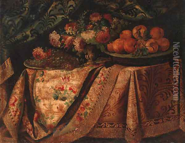 A vase of flowers with a salvers of grapes and oranges on a draped table Oil Painting - Francesco (Il Maltese) Fieravino