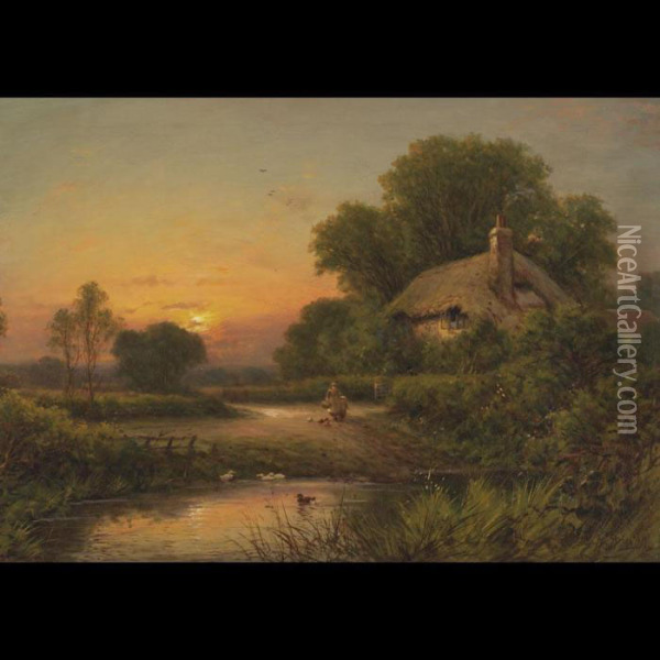 Idyllic Rural Scene - Mother And Child On A Path With Thatched Cottage Behind Oil Painting - Robert Robin Fenson