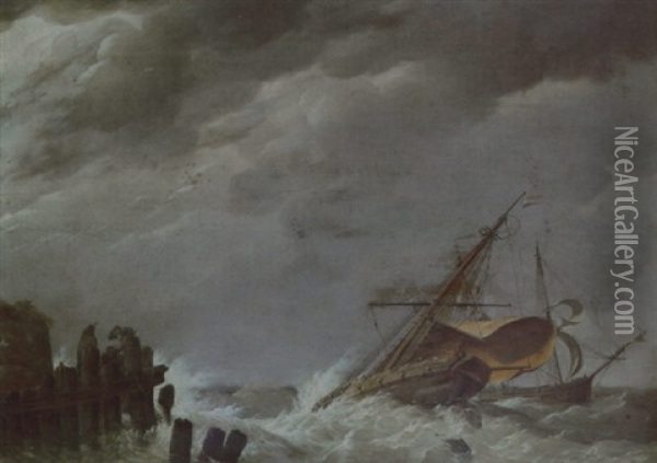 Dutch Vessels In A Squall With Figures On A Wooden Jetty Oil Painting - Johannes Hermanus Koekkoek