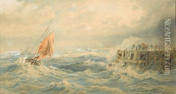 Fishing Boats Entering A Harbour In A Storm Oil Painting - Edward Duncan