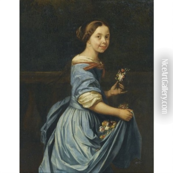 Portrait Of A Lady, Three Quarter Length, In A Blue Dress With An Armful Of Flowers Oil Painting - Jan van Neck